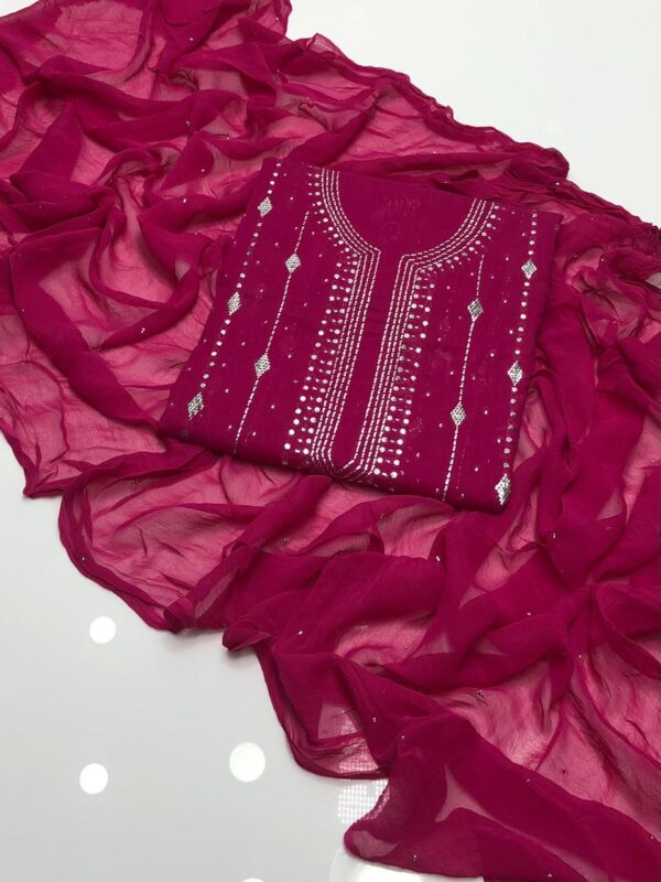 Handmade Barfi Muqaish work on soft Lawn 3 Piece - Image 3