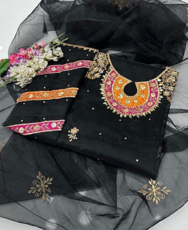 Handmade Zaari Beads And Goota Work Organza Shirt And Dupatta 2 Piece - Image 6